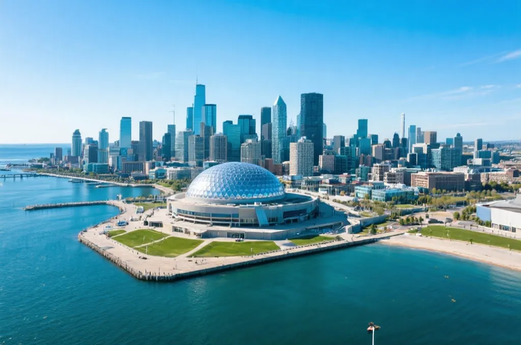 北美沿海城市风光,远景处隐约可见现代化的圆形体育场馆